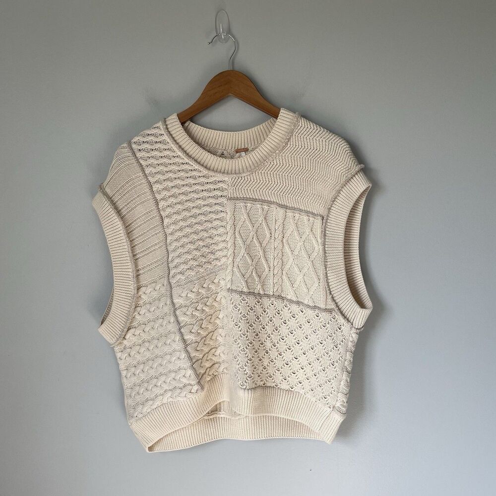 Free People Take The Plunge Knit Sweater Vest Tea Ivory Cream Women's Size Small